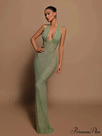 Sexy Halter Deep V Neck Sequins Green Sleeveless Backless Celebrity Christmas Party Dress