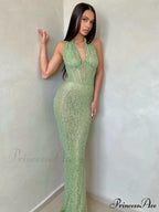 Sexy Halter Deep V Neck Sequins Green Sleeveless Backless Celebrity Christmas Party Dress