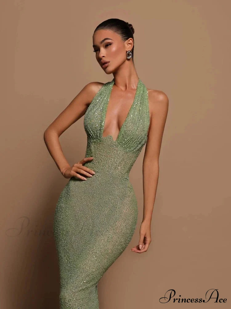 Sexy Halter Deep V Neck Sequins Green Sleeveless Backless Celebrity Christmas Party Dress