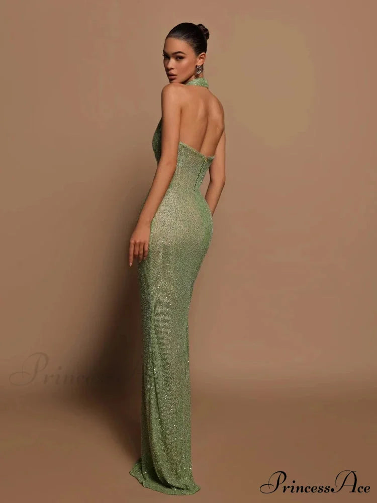 Sexy Halter Deep V Neck Sequins Green Sleeveless Backless Celebrity Christmas Party Dress