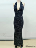 Sexy Halter Deep V Neck Sequins Green Sleeveless Backless Celebrity Christmas Party Dress