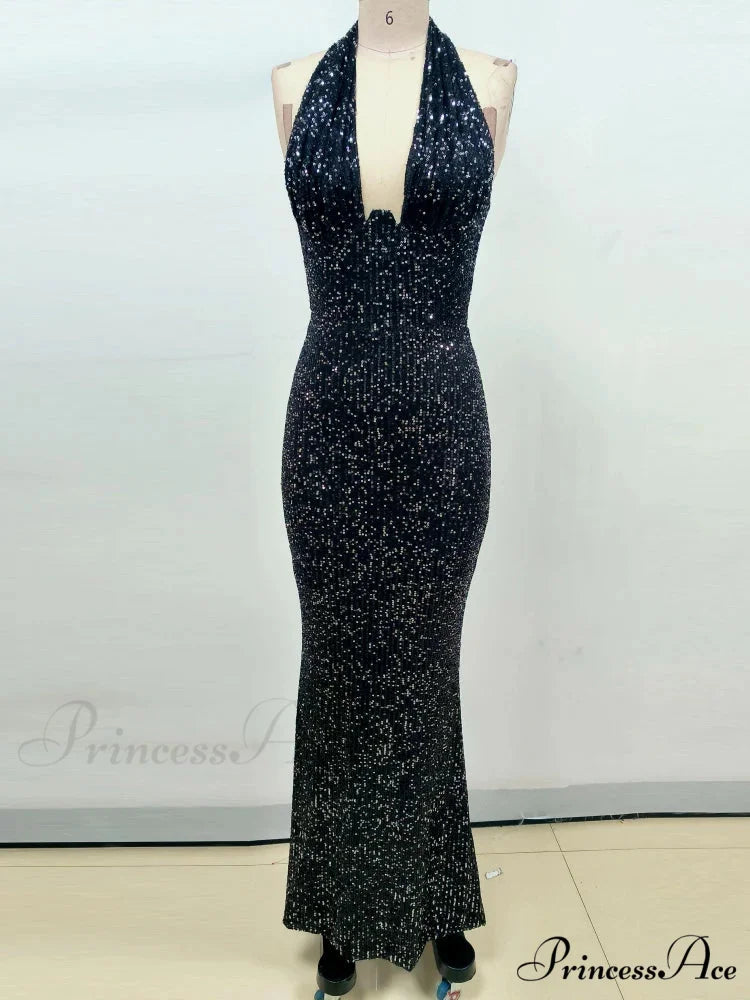 Sexy Halter Deep V Neck Sequins Green Sleeveless Backless Celebrity Christmas Party Dress