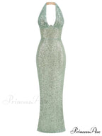 Sexy Halter Deep V Neck Sequins Green Sleeveless Backless Celebrity Christmas Party Dress