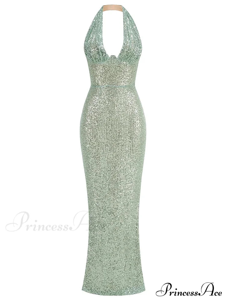 Sexy Halter Deep V Neck Sequins Green Sleeveless Backless Celebrity Christmas Party Dress