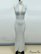 Sexy Halter Deep V Neck Sequins Green Sleeveless Backless Celebrity Christmas Party Dress