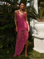 Sexy Halter Lace-up Deep V Neck Lace Ruffles Rose Red Christmas Party Dress