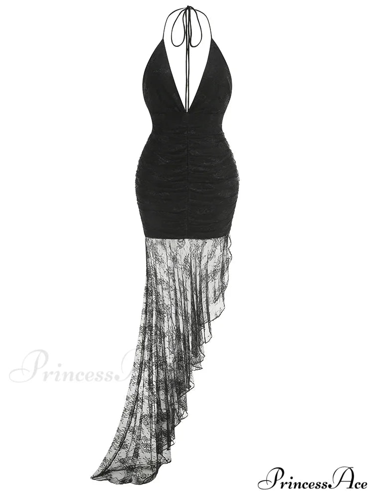 Sexy Halter Lace-up Deep V Neck Lace Ruffles Rose Red Christmas Party Dress