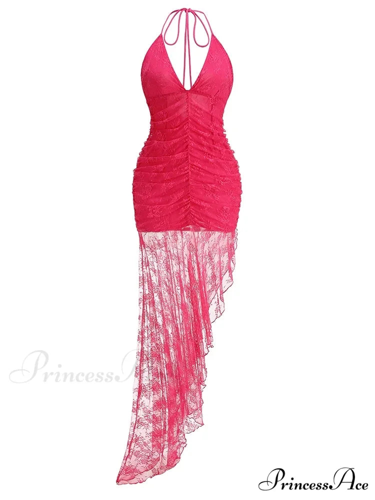 Sexy Halter Lace-up Deep V Neck Lace Ruffles Rose Red Christmas Party Dress