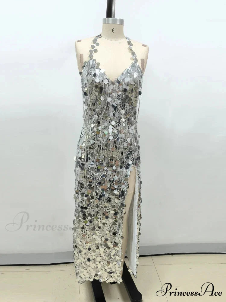 Sexy Halter Lace-up V Neck Shiny Sequins Backless Silver Christmas Party Dress
