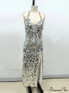Sexy Halter Lace-up V Neck Shiny Sequins Backless Silver Christmas Party Dress