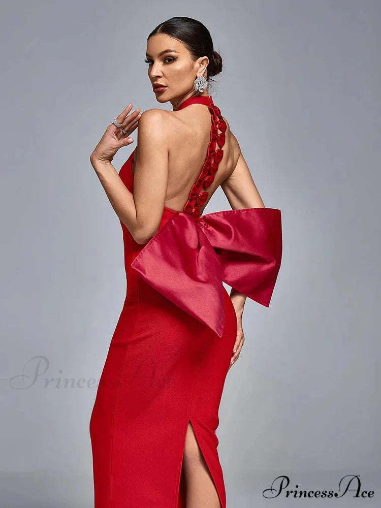 Sexy Halter Neck Backless Bow Design Red Sleeveless Bodycon Christmas Party Dress