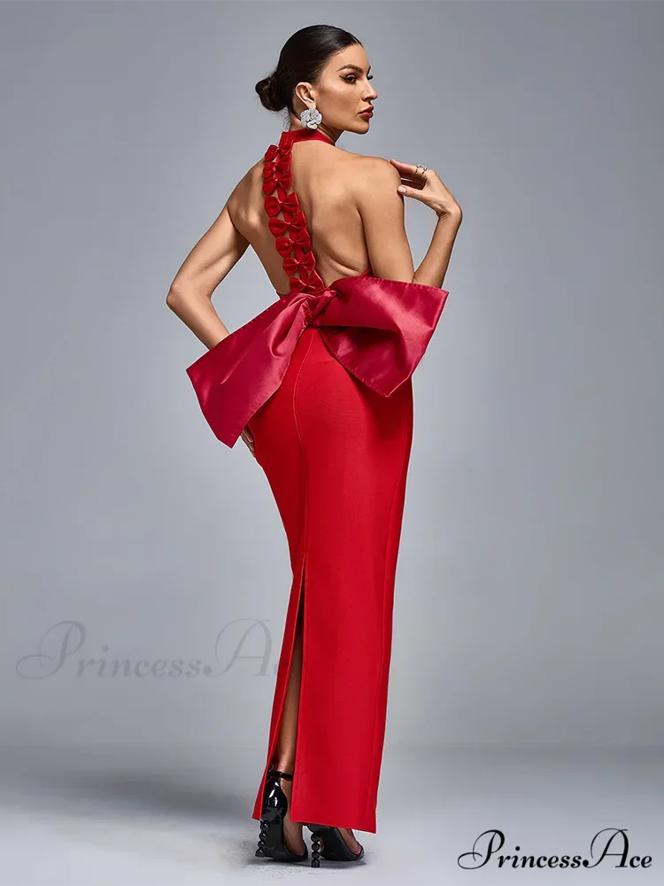 Sexy Halter Neck Backless Bow Design Red Sleeveless Bodycon Christmas Party Dress