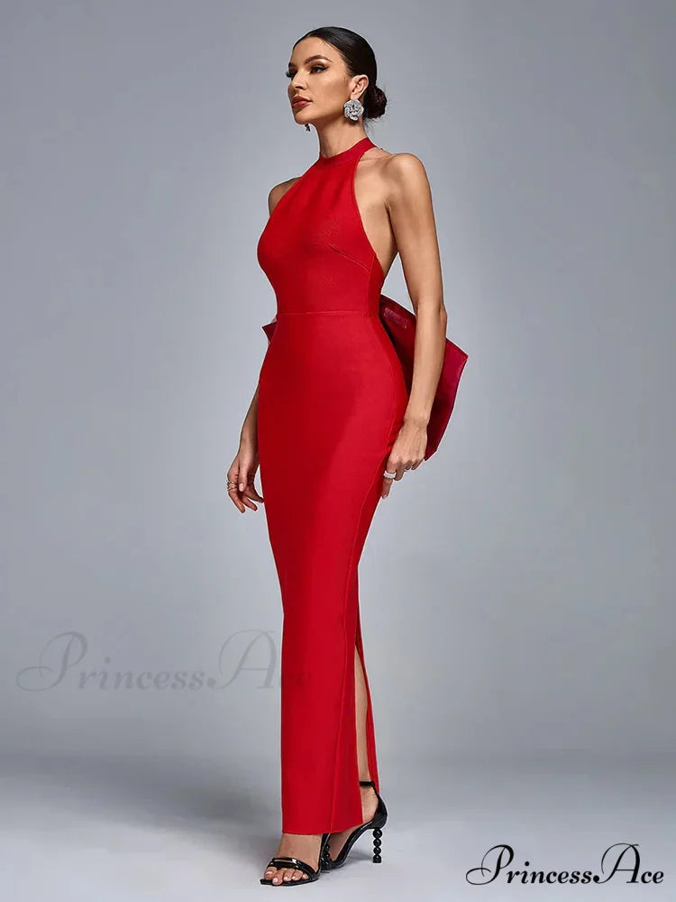 Sexy Halter Neck Backless Bow Design Red Sleeveless Bodycon Christmas Party Dress