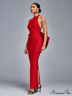 Sexy Halter Neck Backless Bow Design Red Sleeveless Bodycon Christmas Party Dress
