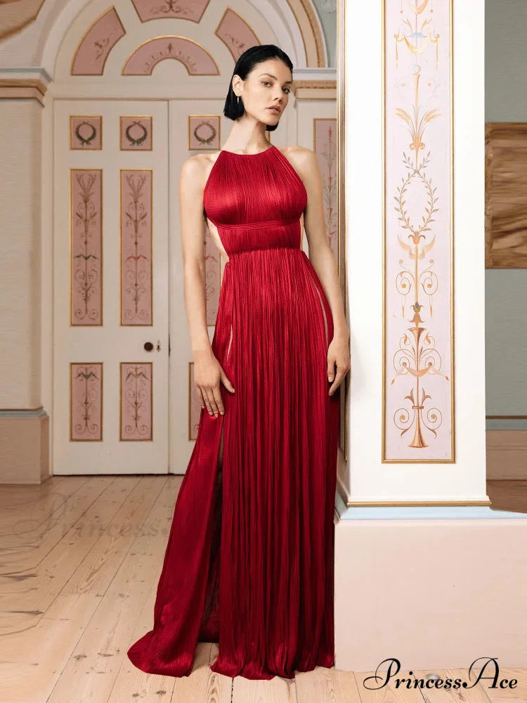 Sexy Halter Neck Chain Pleated High Split Long Dress Backless Christmas Party Dress