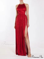 Sexy Halter Neck Chain Pleated High Split Long Dress Backless Christmas Party Dress