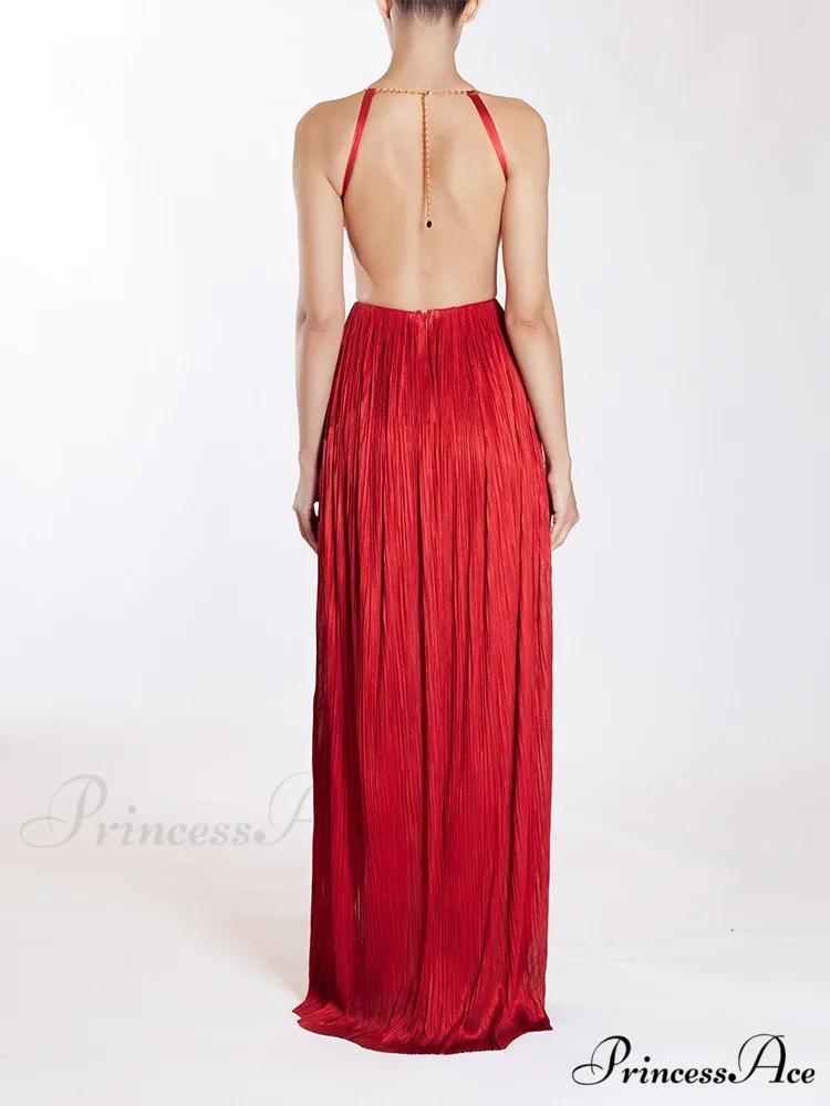 Sexy Halter Neck Chain Pleated High Split Long Dress Backless Christmas Party Dress