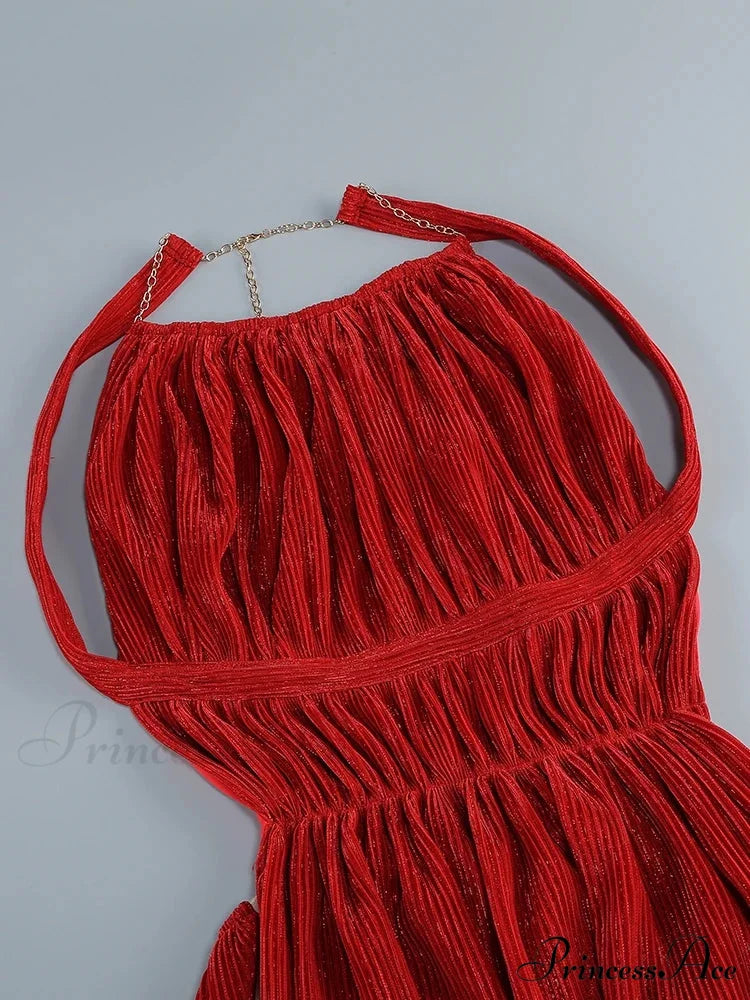 Sexy Halter Neck Chain Pleated High Split Long Dress Backless Christmas Party Dress