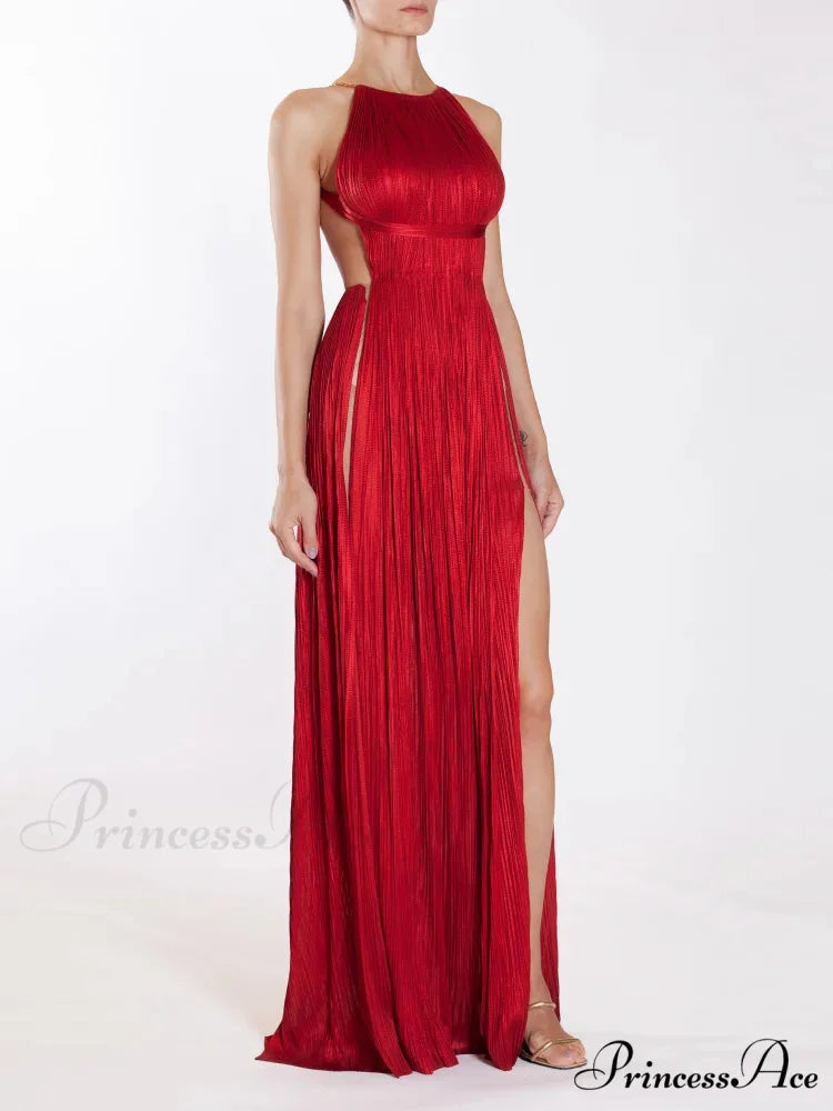 Sexy Halter Neck Chain Pleated High Split Long Dress Backless Christmas Party Dress