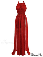 Sexy Halter Neck Chain Pleated High Split Long Dress Backless Christmas Party Dress