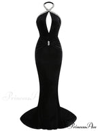 Sexy Halter Neck Diamonds Chain Hollow Out Black Velvet Sleeveless Christmas Party Dress
