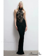 Sexy Halter Neck Lace Patchwork Folds Black Sleeveless Backless Christmas Party Dress