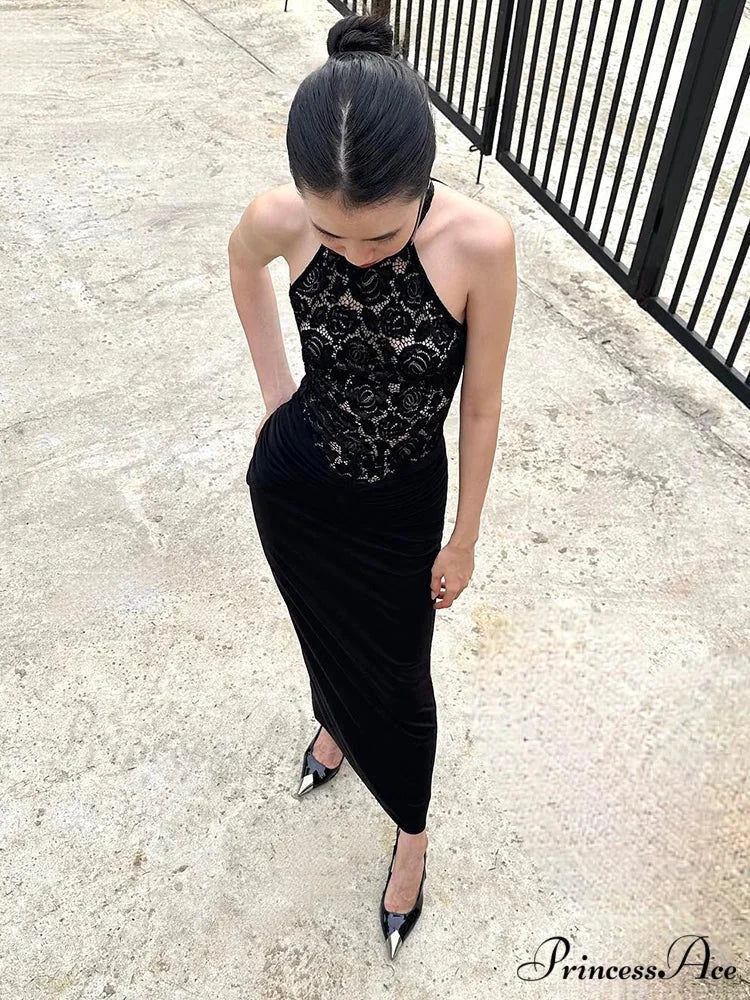 Sexy Halter Neck Lace Patchwork Folds Black Sleeveless Backless Christmas Party Dress