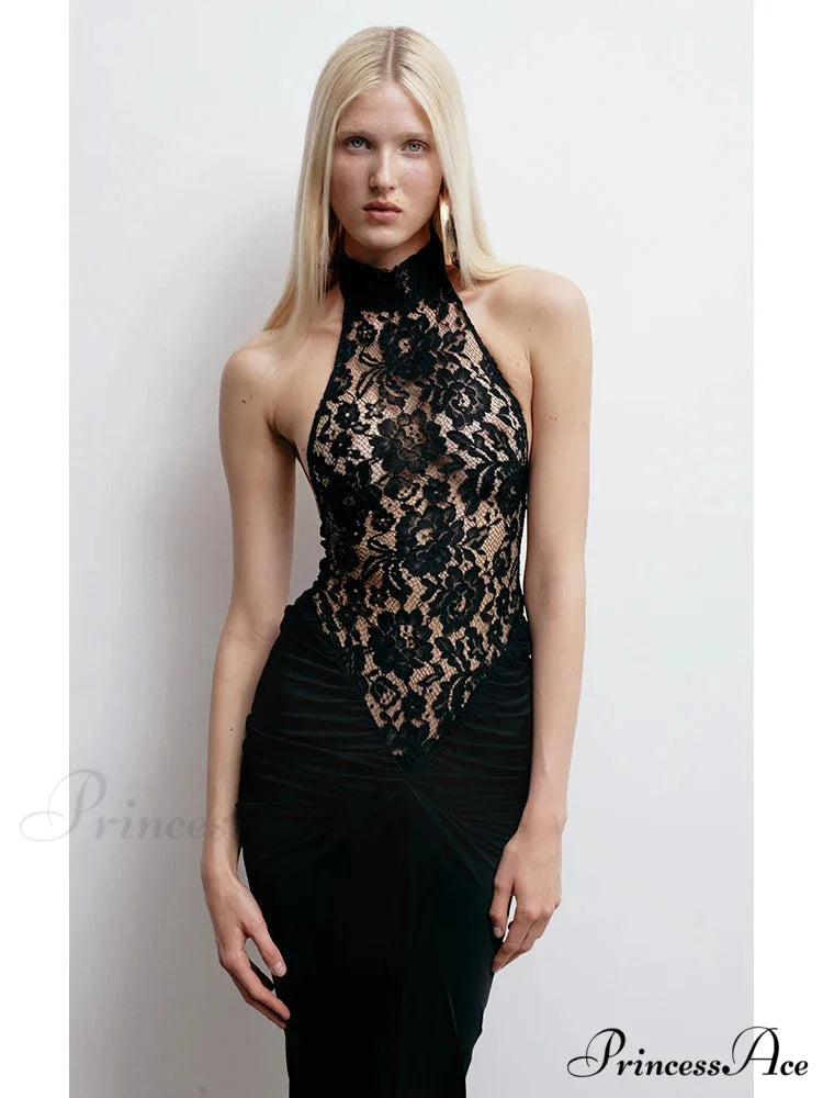 Sexy Halter Neck Lace Patchwork Folds Black Sleeveless Backless Christmas Party Dress