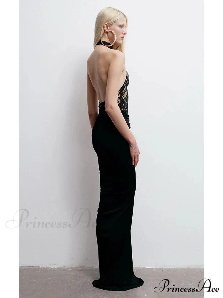 Sexy Halter Neck Lace Patchwork Folds Black Sleeveless Backless Christmas Party Dress