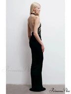 Sexy Halter Neck Lace Patchwork Folds Black Sleeveless Backless Christmas Party Dress