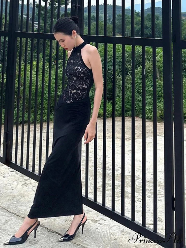 Sexy Halter Neck Lace Patchwork Folds Black Sleeveless Backless Christmas Party Dress