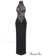 Sexy Halter Neck Lace Patchwork Folds Black Sleeveless Backless Christmas Party Dress