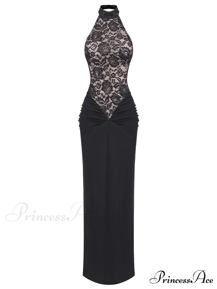 Sexy Halter Neck Lace Patchwork Folds Black Sleeveless Backless Christmas Party Dress