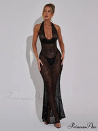 Sexy Halter Neck Lace-up Sparkly Sequins Silver Black Backless Christmas Party Dress