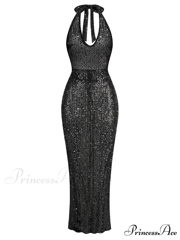 Sexy Halter Neck Lace-up Sparkly Sequins Silver Black Backless Christmas Party Dress