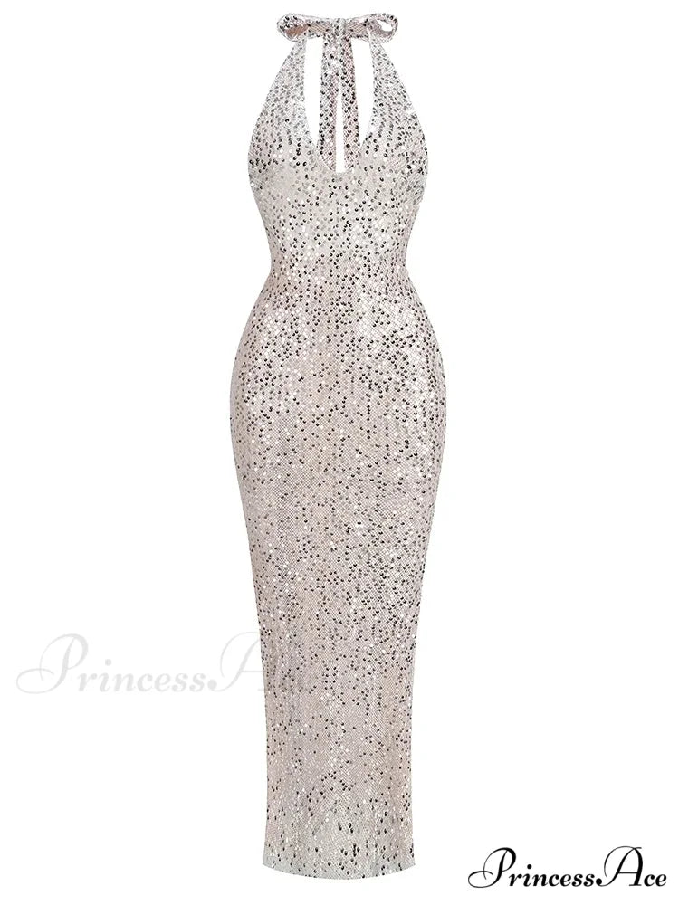 Sexy Halter Neck Lace-up Sparkly Sequins Silver Black Backless Christmas Party Dress