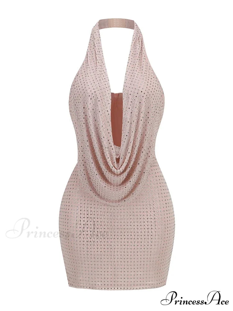 Sexy Halter Neck Low Cut Diamonds Mini Nude Christmas Party Dress