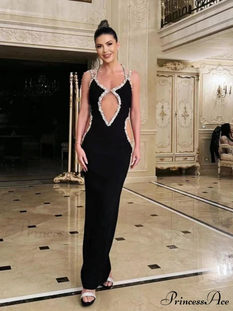 Sexy Halter Neck Sling Hollow Out Crystal Bandage Dress Long Christmas Party Dress