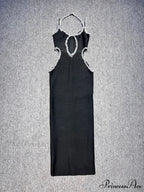 Sexy Halter Neck Sling Hollow Out Crystal Bandage Dress Long Christmas Party Dress
