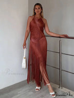 Sexy Halter Sleeveless Tassel Patchwork Bandage Dress Backless Fringe Christmas Party Dress