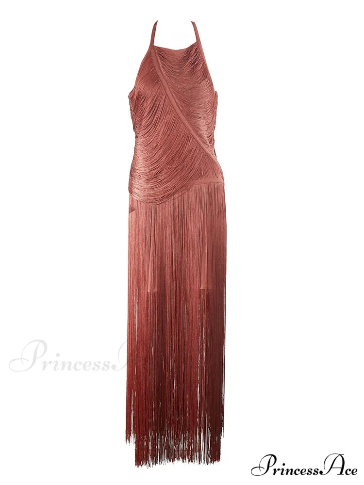 Sexy Halter Sleeveless Tassel Patchwork Bandage Dress Backless Fringe Christmas Party Dress
