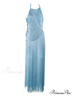 Sexy Halter Sleeveless Tassel Patchwork Bandage Dress Backless Fringe Christmas Party Dress