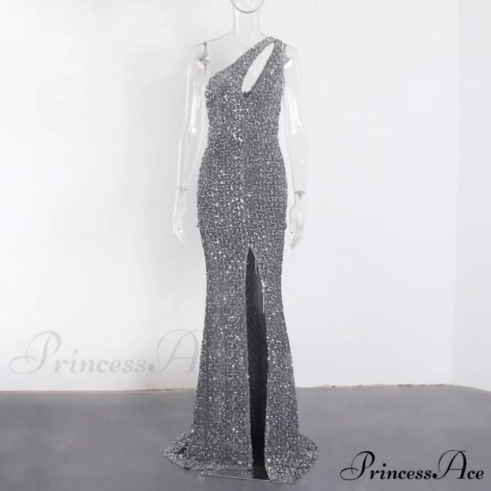 Sexy Hole Cut Out Grey Sparkle Sequins Maxi Dress