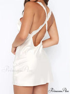 Sexy Lace Satin Patchwork Spaghetti Strap V neck Mini Dress