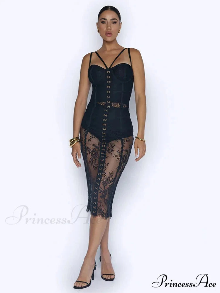 Sexy Lace Two-Piece Black Sleeveless Hook-Front See Through Evening Christmas Party Dress