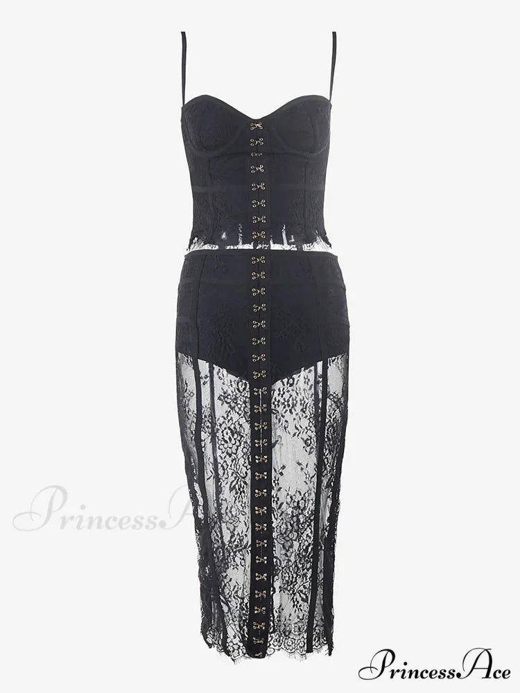Sexy Lace Two-Piece Black Sleeveless Hook-Front See Through Evening Christmas Party Dress