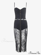 Sexy Lace Two-Piece Black Sleeveless Hook-Front See Through Evening Christmas Party Dress