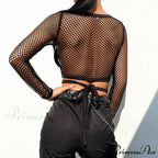 Sexy Lace-up Fishing Net Short Black Hollow Out Stylish Elegant Trendy Chic Crop Top