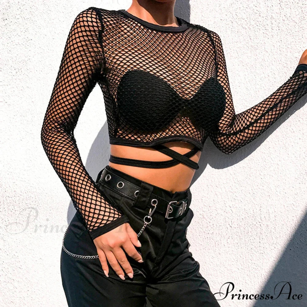 Sexy Lace-up Fishing Net Short Black Hollow Out Stylish Elegant Trendy Chic Crop Top
