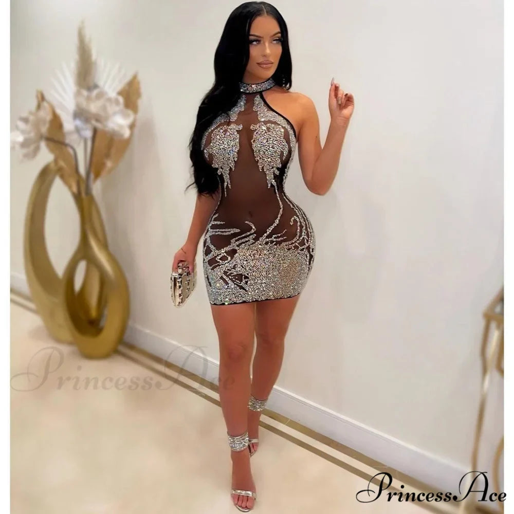 Sexy Mesh Rhinestone Short Prom Evening Mini Dress